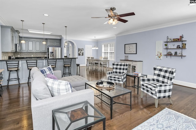 3722 Heyward St, Columbia, SC 29205 - living room with ornamental molding, a ceiling fan, dark wood finished floors, and recessed lighting