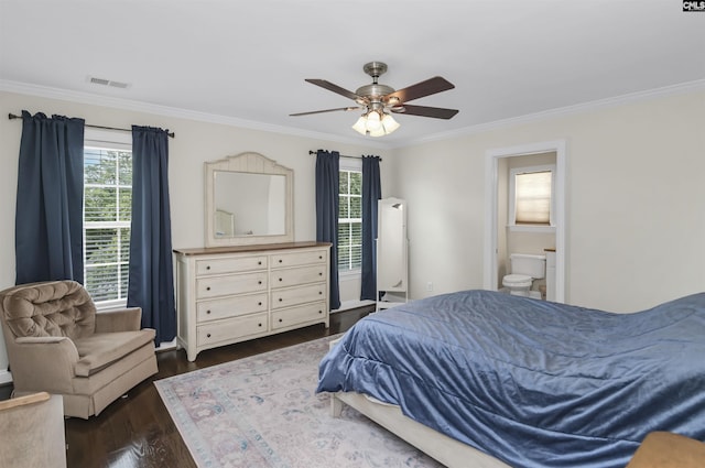 3722 Heyward St, Columbia, SC 29205 - bedroom with ornamental molding, multiple windows, dark wood-style floors, ensuite bathroom, and a ceiling fan
