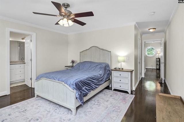 3722 Heyward St, Columbia, SC 29205 - bedroom featuring wood finished floors, crown molding, connected bathroom, and ceiling fan