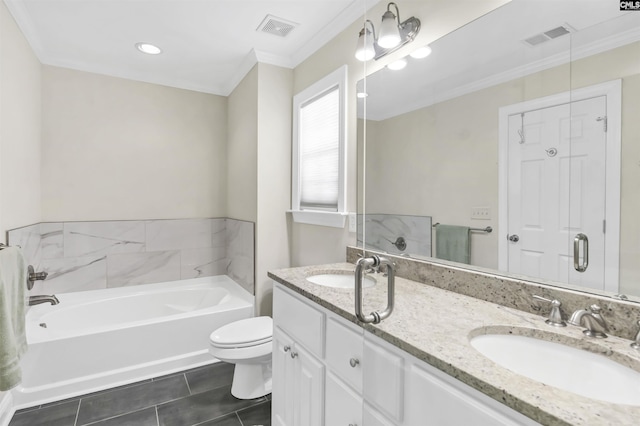 3722 Heyward St, Columbia, SC 29205 - bathroom with double vanity, tile patterned flooring, a garden tub, and ornamental molding