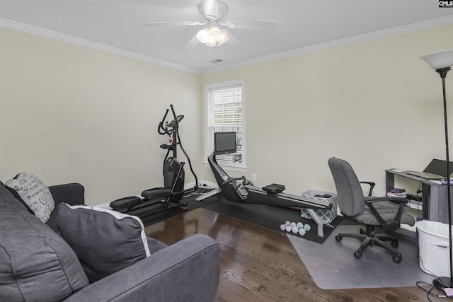 3722 Heyward St, Columbia, SC 29205 - exercise area with wood finished floors, ornamental molding, and a ceiling fan