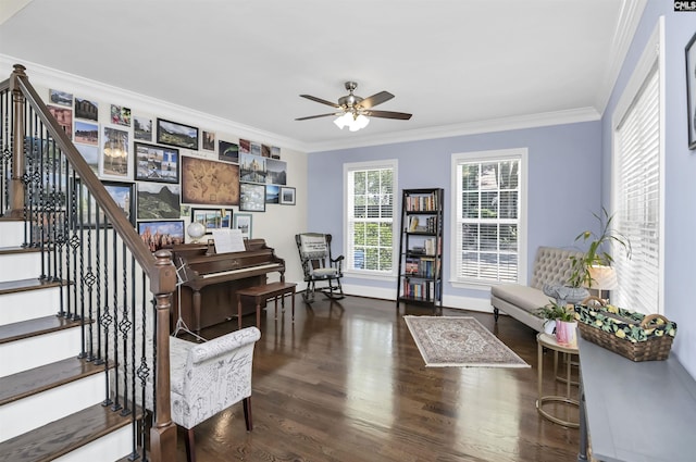3722 Heyward St, Columbia, SC 29205 - living area featuring ornamental molding, wood finished floors, a ceiling fan, and stairway