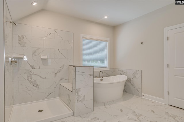 20 Belfast Ct, North Augusta, SC 29860 - bathroom with a soaking tub, tiled shower, marble finish flooring, and recessed lighting