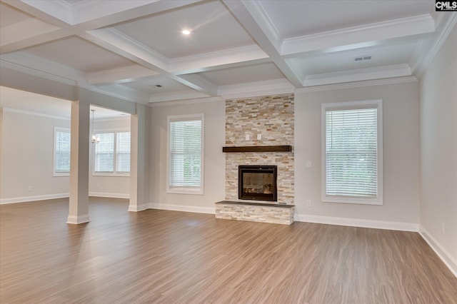 20 Belfast Ct, North Augusta, SC 29860 - unfurnished living room featuring beamed ceiling, wood finished floors, plenty of natural light, coffered ceiling, and ornamental molding
