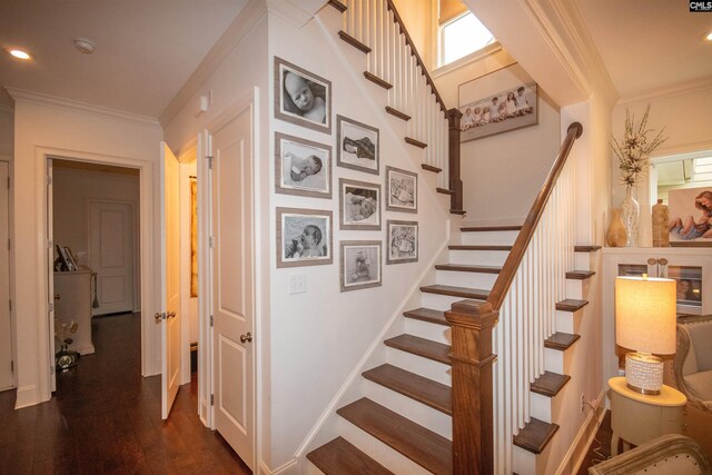 221 Coldwater Xing, Lexington, SC 29072 - stairs featuring crown molding, wood finished floors, and recessed lighting