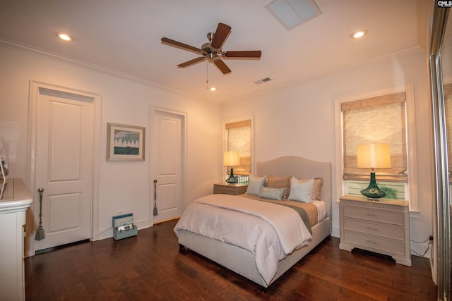 221 Coldwater Xing, Lexington, SC 29072 - bedroom featuring dark wood-style flooring, crown molding, recessed lighting, and a ceiling fan