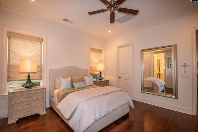 221 Coldwater Xing, Lexington, SC 29072 - bedroom featuring ornamental molding, dark wood-type flooring, recessed lighting, and a ceiling fan