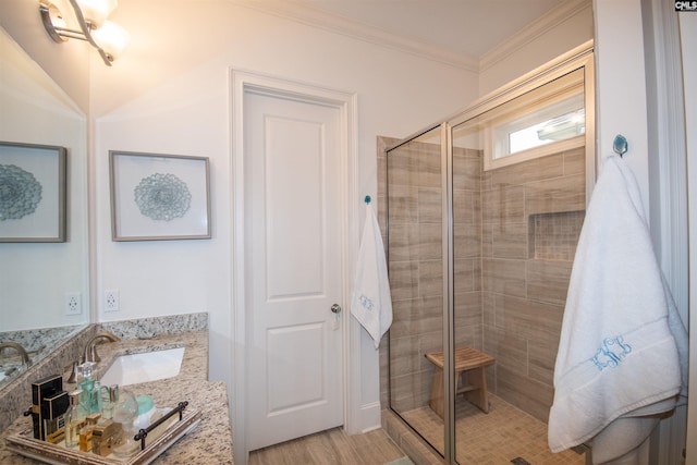 221 Coldwater Xing, Lexington, SC 29072 - full bathroom featuring a shower stall, vanity, and crown molding