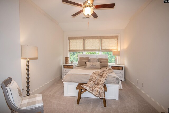 221 Coldwater Xing, Lexington, SC 29072 - bedroom with light carpet, lofted ceiling, ornamental molding, and a ceiling fan