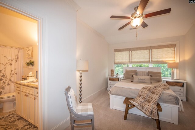 221 Coldwater Xing, Lexington, SC 29072 - bedroom with lofted ceiling, connected bathroom, ornamental molding, light carpet, and ceiling fan