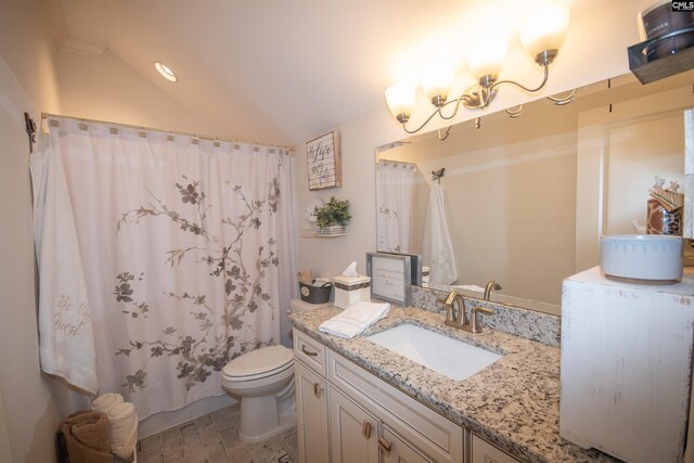 221 Coldwater Xing, Lexington, SC 29072 - bathroom featuring vanity, vaulted ceiling, and curtained shower