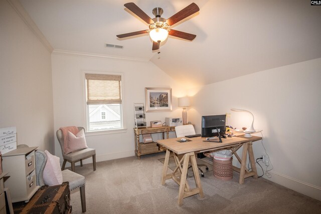 221 Coldwater Xing, Lexington, SC 29072 - office space with a ceiling fan, light carpet, crown molding, and lofted ceiling