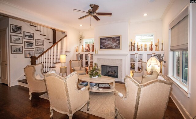 221 Coldwater Xing, Lexington, SC 29072 - living area with a fireplace, stairs, plenty of natural light, ceiling fan, and ornamental molding