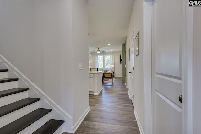 182 Scruple Way, North Augusta, SC 29860 - stairway with wood finished floors, ceiling fan, and recessed lighting