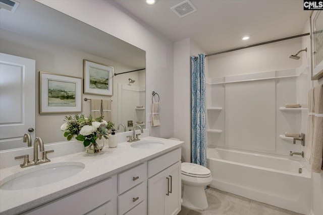 182 Scruple Way, North Augusta, SC 29860 - bathroom featuring shower / tub combo, double vanity, and recessed lighting