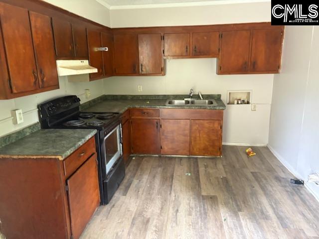 116 Larchwood Dr, Columbia, SC 29203 - kitchen with electric range oven, under cabinet range hood, light wood-type flooring, dark countertops, and crown molding