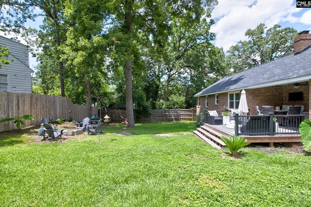 1601 Hagood Ave, Columbia, SC 29204 - fenced backyard featuring an outdoor living space with a fire pit and a wooden deck
