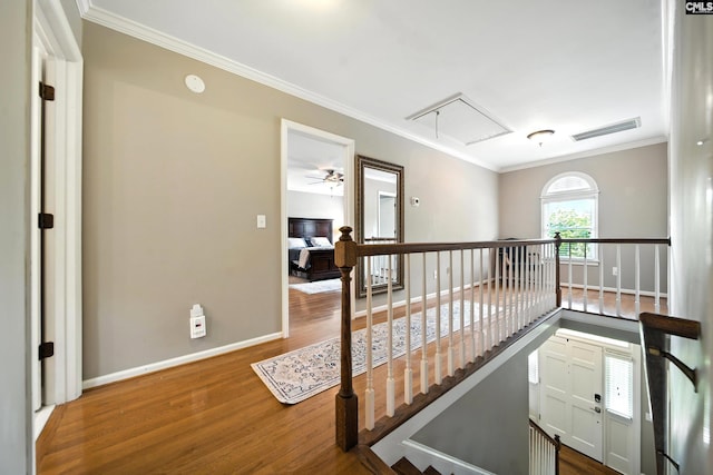 100 Morning Echo Dr, Columbia, SC 29229 - hallway with attic access, an upstairs landing, wood finished floors, and crown molding