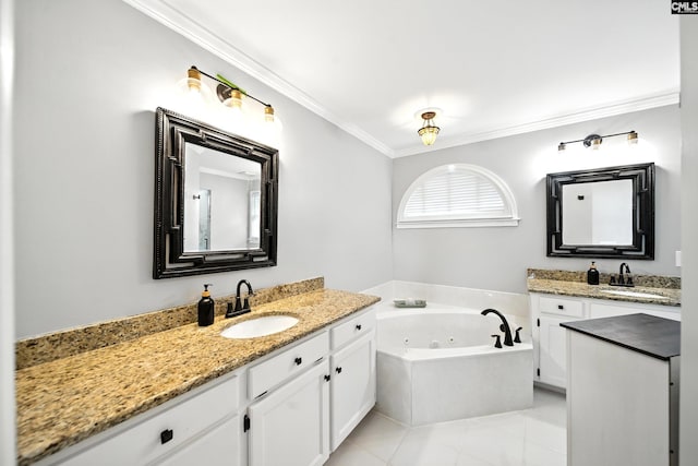 100 Morning Echo Dr, Columbia, SC 29229 - bathroom featuring crown molding, two vanities, a tub with jets, and tile patterned floors