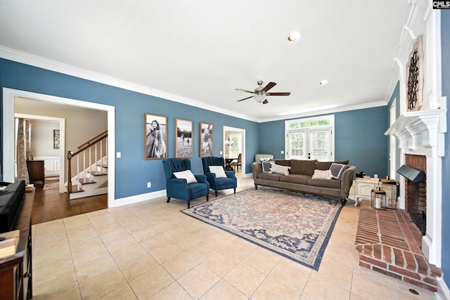 100 Morning Echo Dr, Columbia, SC 29229 - living room with a fireplace, a ceiling fan, crown molding, light tile patterned flooring, and stairs