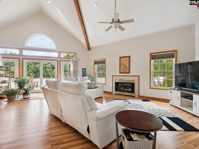 887 Living Waters, Great Falls, SC 29055 - living room with ceiling fan, plenty of natural light, light wood finished floors, a fireplace, and high vaulted ceiling