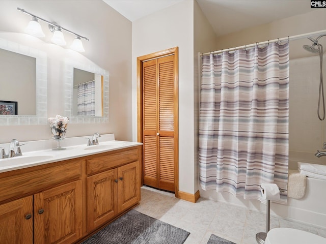 887 Living Waters, Great Falls, SC 29055 - bathroom with shower / bath combo, double vanity, a closet, and tile patterned floors