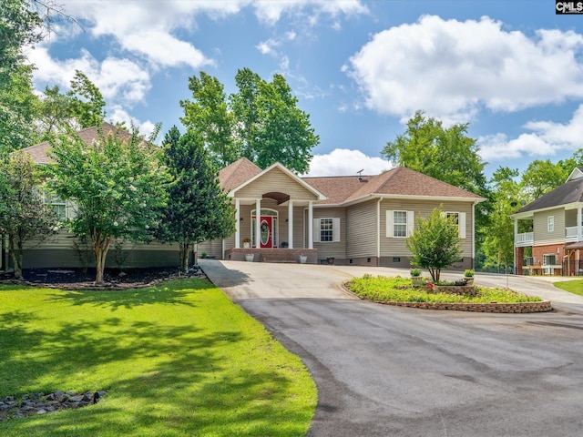 887 Living Waters, Great Falls, SC 29055 - view of front of property featuring crawl space, a front lawn, asphalt driveway, a shingled roof, and covered porch