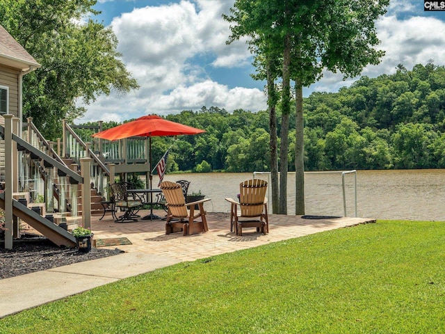 887 Living Waters, Great Falls, SC 29055 - view of green lawn featuring stairway, a patio, a water view, and a view of trees