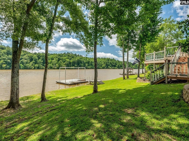887 Living Waters, Great Falls, SC 29055 - view of green lawn with a dock, a water view, and a wooded view