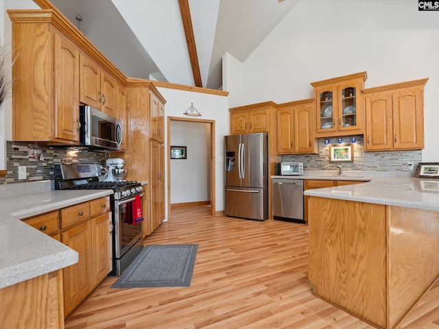 887 Living Waters, Great Falls, SC 29055 - kitchen with appliances with stainless steel finishes, backsplash, glass insert cabinets, light wood-style flooring, and high vaulted ceiling