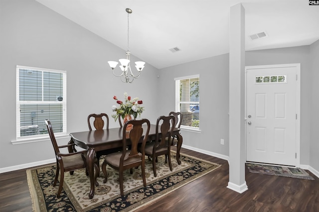 821 Burnview Ln, Chapin, SC 29036 - dining space featuring wood finished floors, vaulted ceiling, and a chandelier
