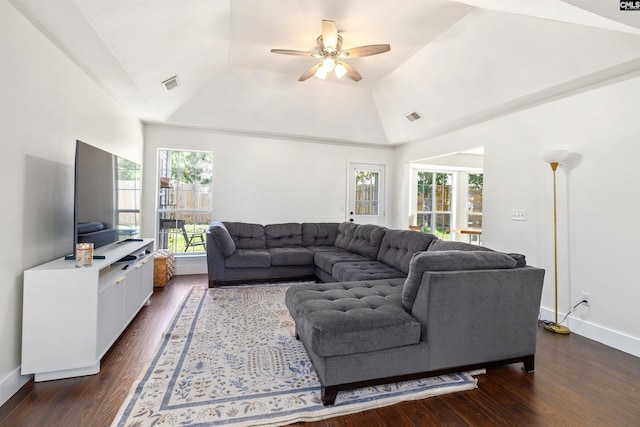 103 Faircrest Way, Columbia, SC 29229 - living room featuring lofted ceiling, ceiling fan, and dark wood-type flooring