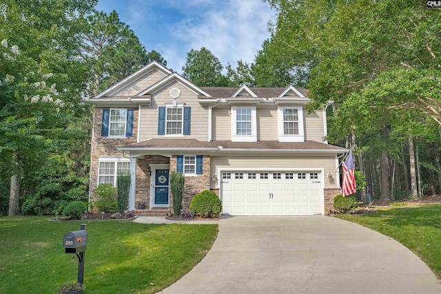 269 Creek Branch Dr, Lexington, SC 29072 - craftsman inspired home with driveway, an attached garage, a front lawn, and stone siding