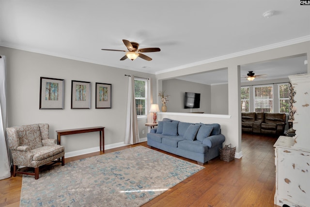 269 Creek Branch Dr, Lexington, SC 29072 - living area with a ceiling fan, healthy amount of natural light, ornamental molding, and wood finished floors