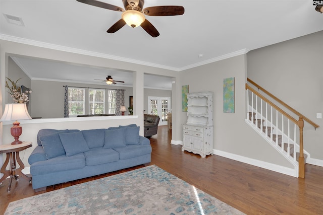 269 Creek Branch Dr, Lexington, SC 29072 - living room with a ceiling fan, wood finished floors, ornamental molding, and stairs