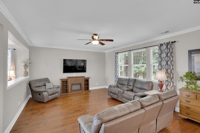269 Creek Branch Dr, Lexington, SC 29072 - living room with ceiling fan, wood finished floors, ornamental molding, and a fireplace