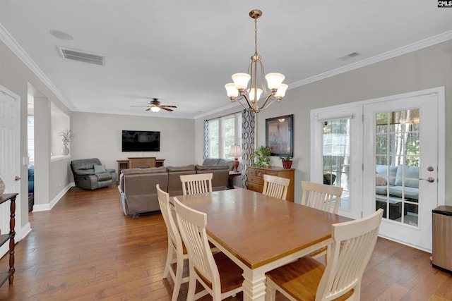 269 Creek Branch Dr, Lexington, SC 29072 - dining room with ornamental molding, hardwood / wood-style flooring, a ceiling fan, and a chandelier