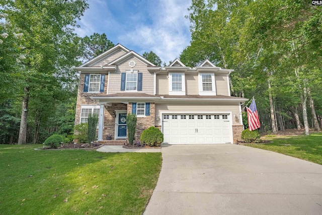 269 Creek Branch Dr, Lexington, SC 29072 - view of front of property featuring driveway, a garage, a front lawn, and stone siding