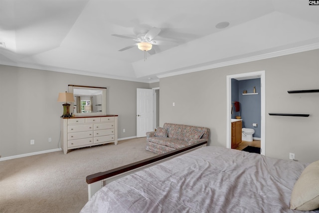 269 Creek Branch Dr, Lexington, SC 29072 - carpeted bedroom with a tray ceiling, crown molding, connected bathroom, and a ceiling fan