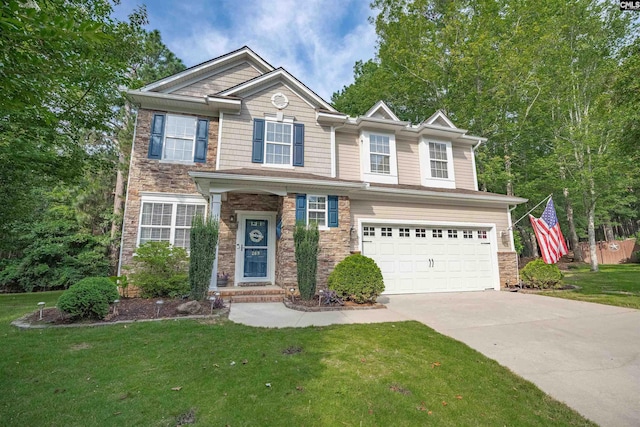 269 Creek Branch Dr, Lexington, SC 29072 - view of front of property featuring an attached garage, driveway, a front yard, and stone siding