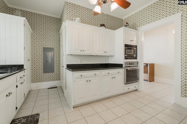 232 Boulware Rd, Lugoff, SC 29078 - kitchen with oven, crown molding, wallpapered walls, electric panel, and a ceiling fan