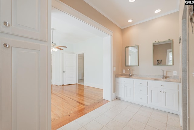 232 Boulware Rd, Lugoff, SC 29078 - bathroom featuring double vanity, ornamental molding, tile patterned flooring, recessed lighting, and a ceiling fan