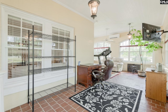 232 Boulware Rd, Lugoff, SC 29078 - office area with brick flooring, crown molding, a wall mounted AC, and ceiling fan