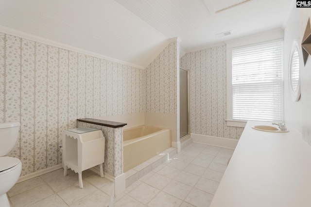 232 Boulware Rd, Lugoff, SC 29078 - bathroom with tile patterned floors, a garden tub, a stall shower, vaulted ceiling, and ornamental molding