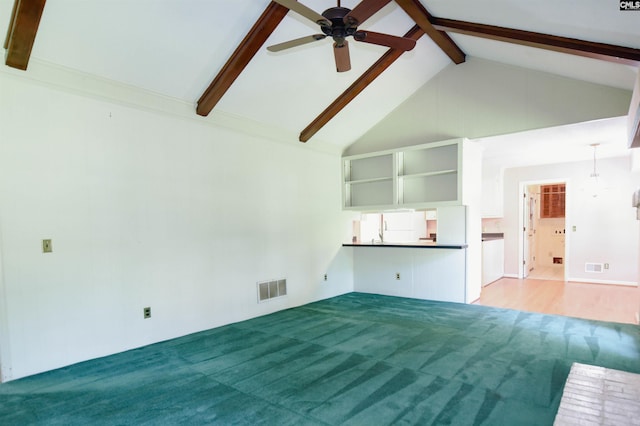 2115 Ohara Ct, Columbia, SC 29204 - unfurnished living room with carpet flooring, beam ceiling, high vaulted ceiling, and ceiling fan