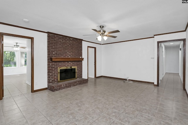 136 Traylors Gate Cir, Irmo, SC 29063 - unfurnished living room with a ceiling fan, light tile patterned floors, ornamental molding, and a fireplace