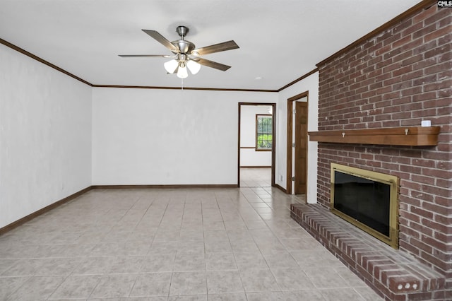136 Traylors Gate Cir, Irmo, SC 29063 - unfurnished living room featuring crown molding, a fireplace, a ceiling fan, and light tile patterned floors