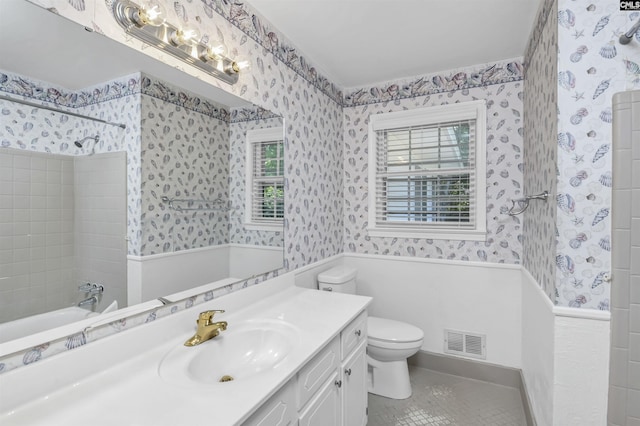 136 Traylors Gate Cir, Irmo, SC 29063 - bathroom with wallpapered walls, vanity, tile patterned floors, and wainscoting