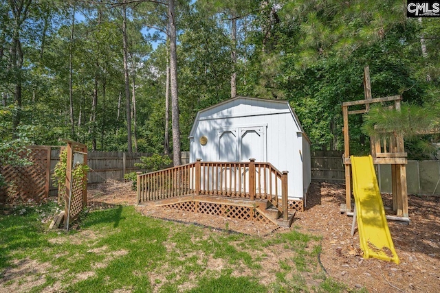 430 Plantation Pointe Dr, Elgin, SC 29045 - view of shed with a fenced backyard, a playground, and view of scattered trees