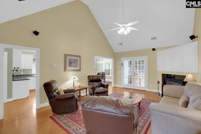 430 Plantation Pointe Dr, Elgin, SC 29045 - living area featuring high vaulted ceiling, light wood-type flooring, ceiling fan, and french doors